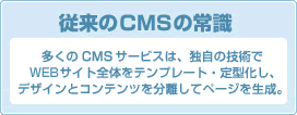従来のCMSの常識 多くのCMSサービスは、独自の技術でWEBサイト全体をテンプレート・定型化し、デザインとコンテンツを分離してページを生成。
